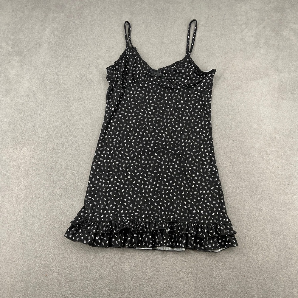 No Boundaries Black Floral Ruffle Mini Dress Sleeveless Ribbed Size M 8-10